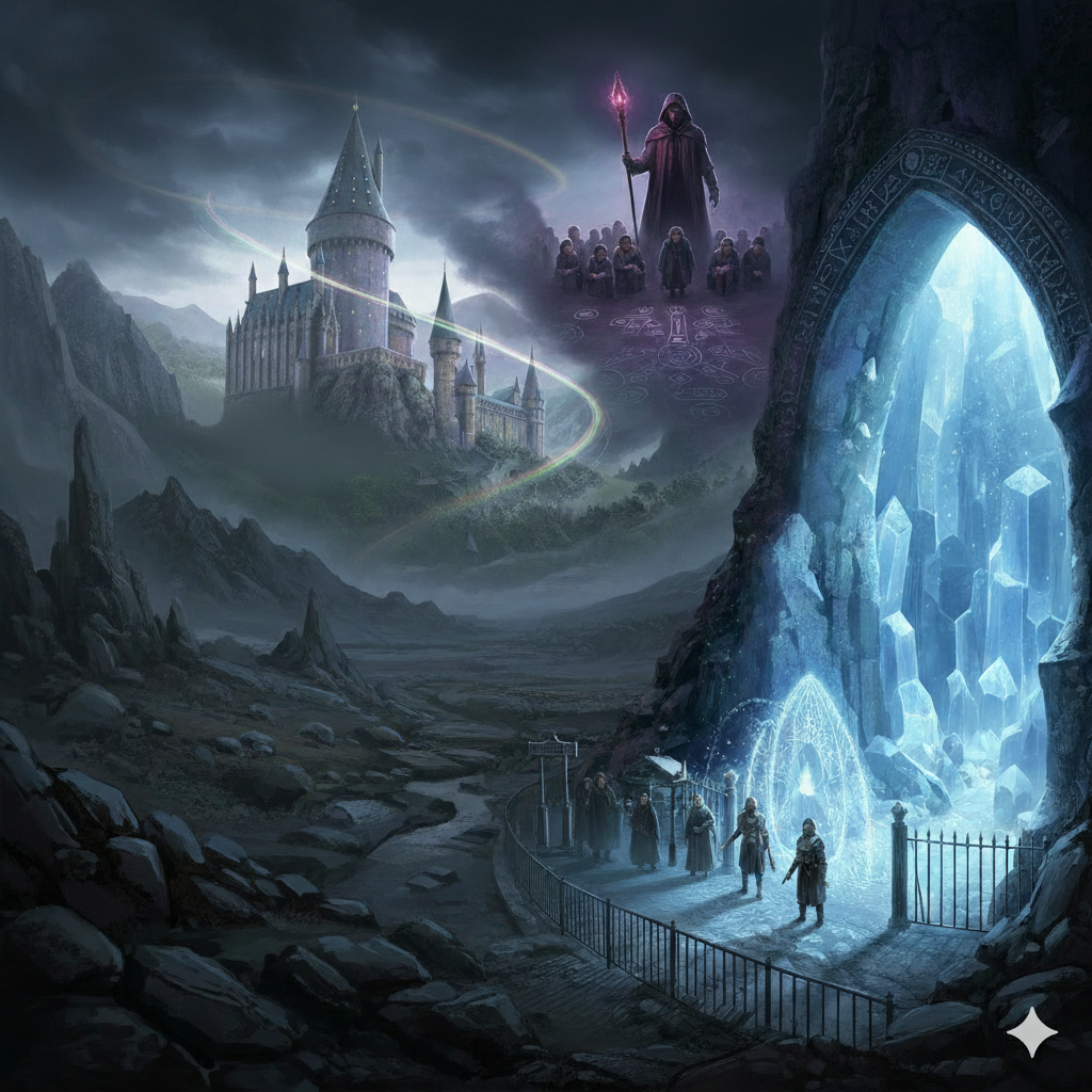 La grotte cristalline et le Mage Noir dans l'ombre